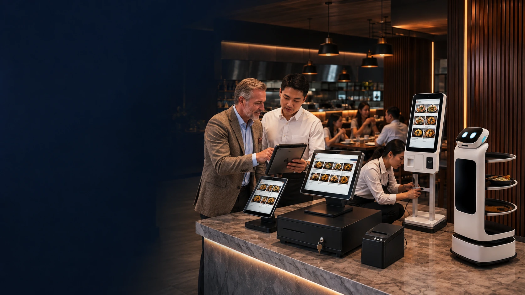 Illustration of a team reviewing connected restaurant technology